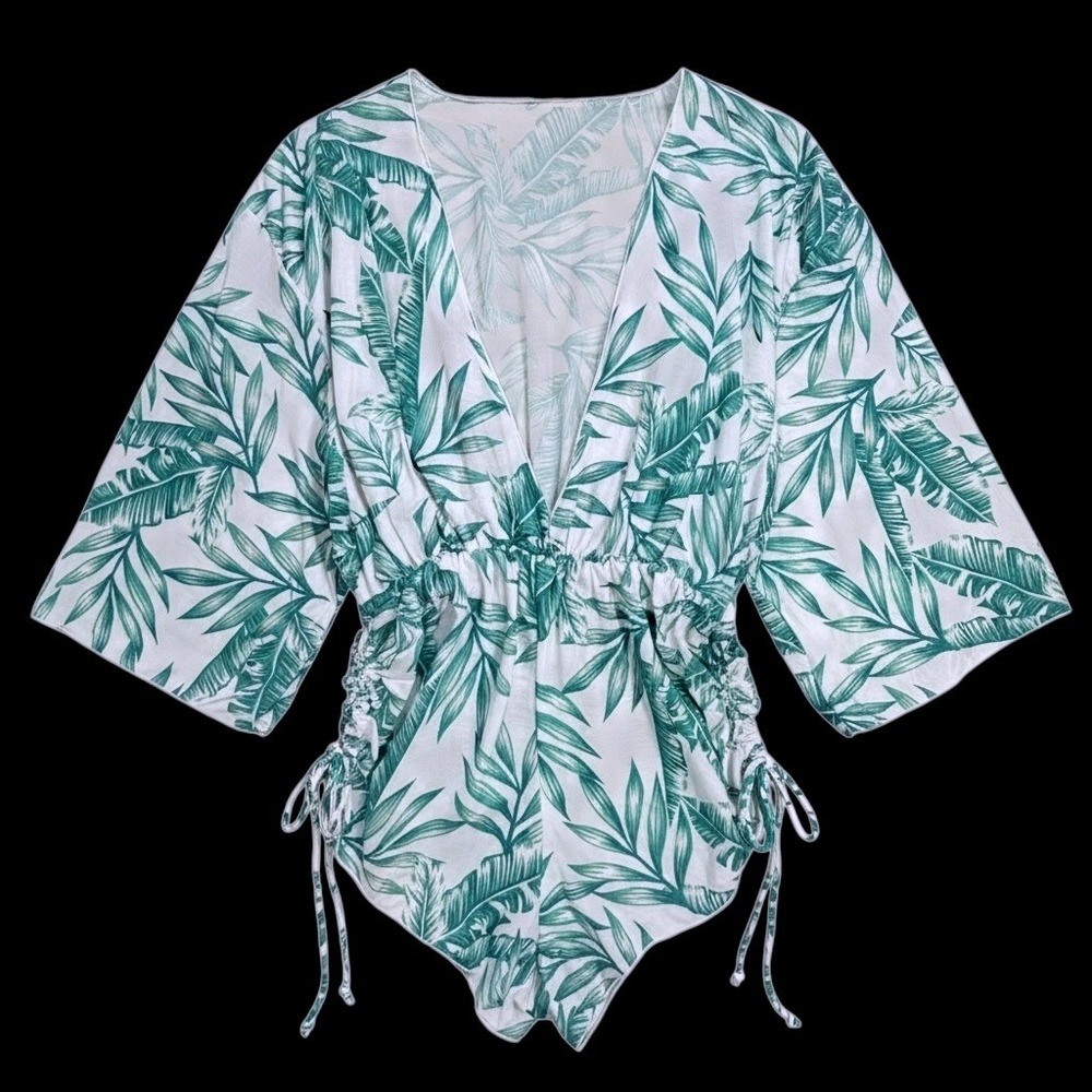 Green Tropical Palm Leaf Mesh Romper Deep V-Neck Kimono Sleeve Size L